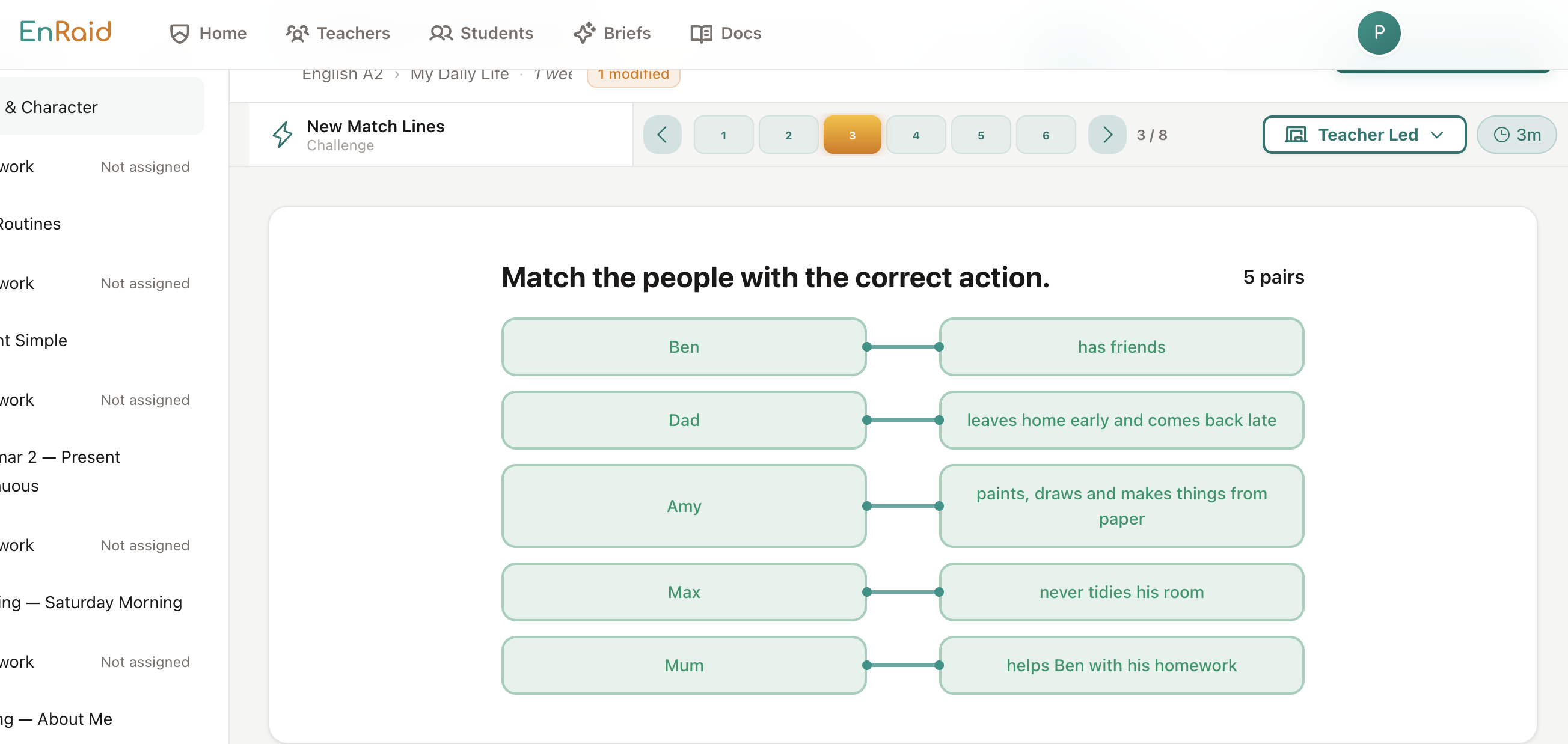 Платформа EnRaid: задание Match Lines — соединение персонажей с описаниями их действий. Слева список занятий, сверху навигация по заданиям и режим Teacher Led.